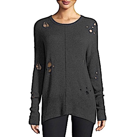 Autumn Cashmere Distressed Hi Lo Crewneck Sweater in Charcoal Gray - Picture 1 of 11